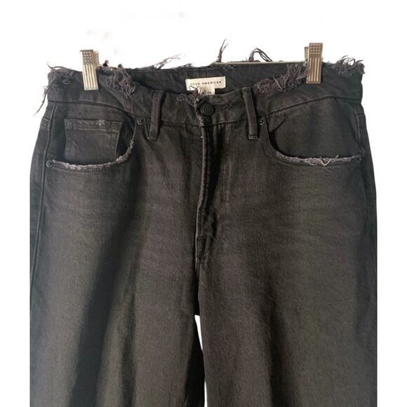 GOOD AMERICAN Washed Black Distressed Hi-Rise Straight Leg Raw Hem Cuff Jean 28 - Picture 2 of 6